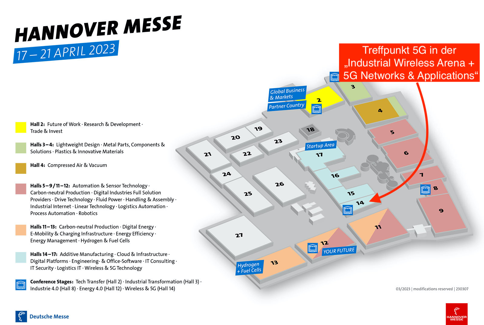 Auf der Hannover Messe 2023 finden Besucher in Halle 14 den zentralen Ort für alle Themen rund umm 5G. (Bild: Hannover Messe, Bearbeitung FUENF-G)